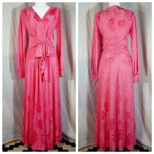 Zara pink floral jacquard bishop-sleeve wrap maxi dress, M, EUC